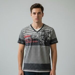 Y2K Vintage Projek Raw Men’s Graphic Striped V-Neck Cotton Tee Size G/L